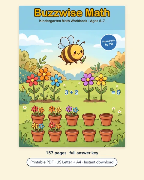 Buzzwise Math: Kindergarten Math Workbook Printable PDF, Ages 5-7, Numbers to 20, Adding and Taking Away, Time, Money, Answer Key printable learning pack
