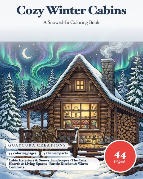 Cozy Winter Cabins printable coloring book