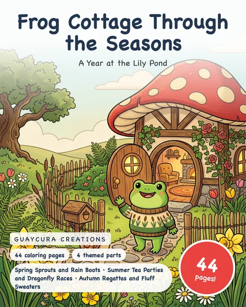 Frog Cottage Through the Seasons printable coloring book