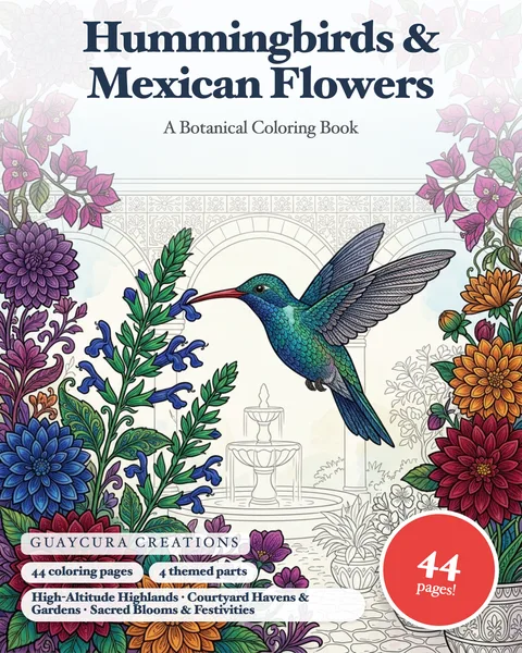 Hummingbirds & Mexican Flowers printable coloring book