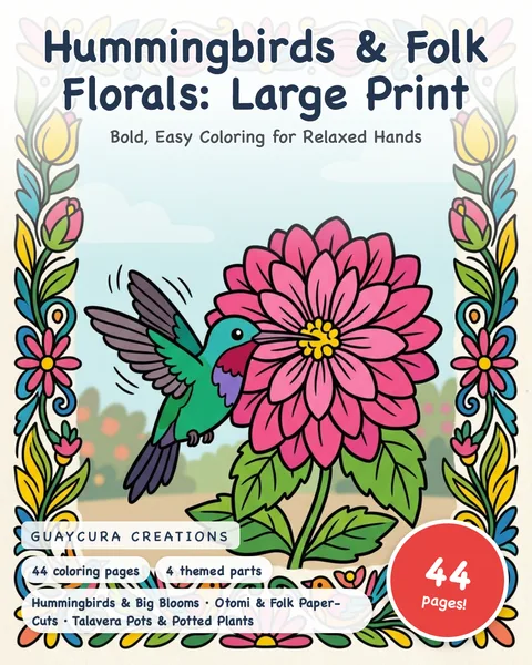 Hummingbirds & Folk Florals: Large Print printable coloring book