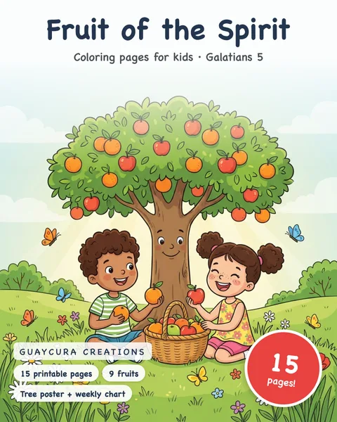 Fruit of the Spirit Coloring Pages for Kids, Galatians 5 Sunday School Printable, Fruit Tree Poster, Weekly Chart, Bible Lesson PDF printable coloring book