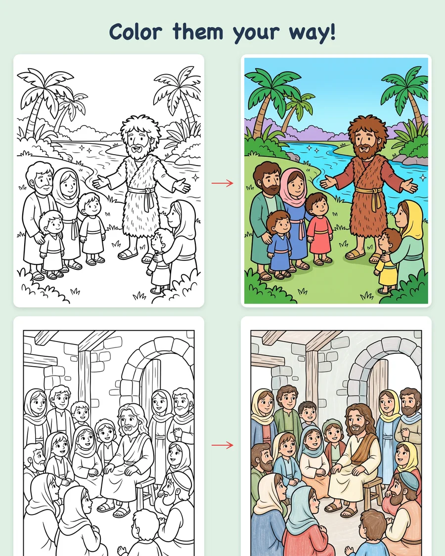 Jesus Calls His Disciples and Performs Miracles — colored examples