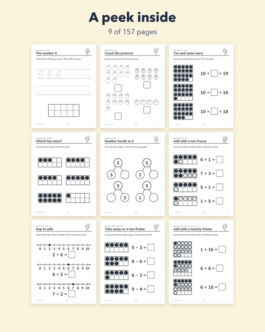 Buzzwise Math: Kindergarten Math Workbook Printable PDF, Ages 5-7, Numbers to 20, Adding and Taking Away, Time, Money, Answer Key — etsy 02 grid 1