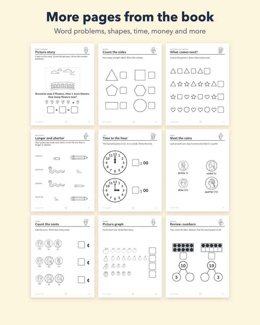 Buzzwise Math: Kindergarten Math Workbook Printable PDF, Ages 5-7, Numbers to 20, Adding and Taking Away, Time, Money, Answer Key — etsy 03 grid 2