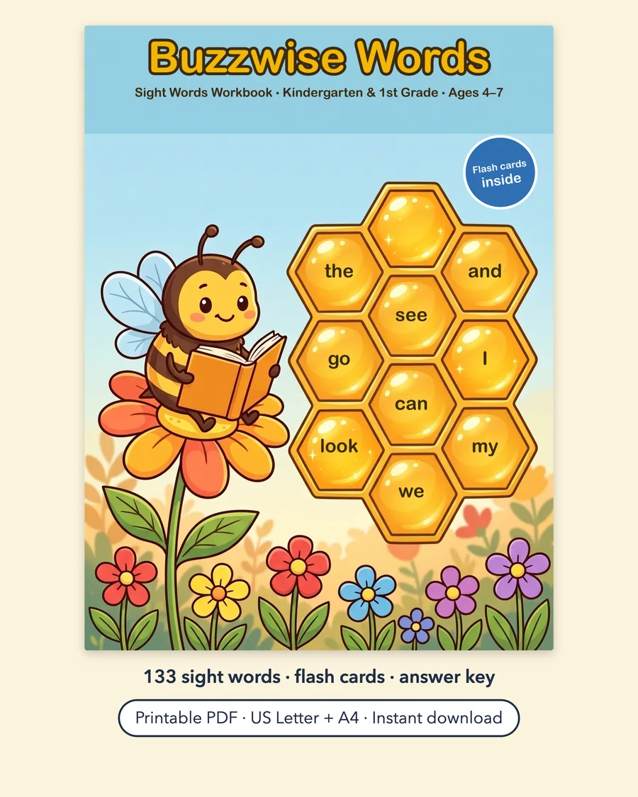 Buzzwise Words: Sight Words Workbook Printable PDF, Kindergarten and 1st Grade, Ages 4-7, Dolch Words, Flash Cards and Answer Key — etsy 01 cover