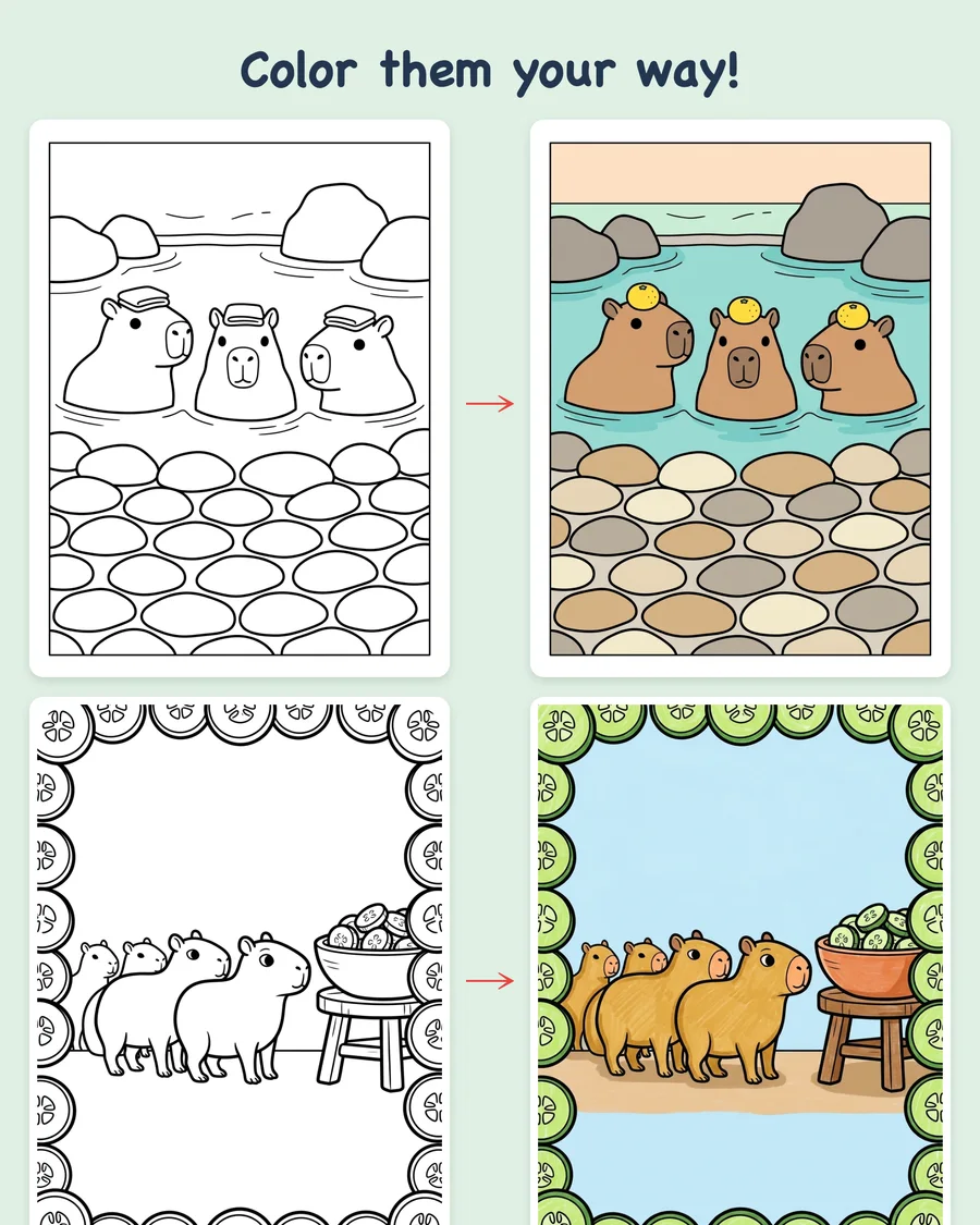 Capybara Calm Days — colored examples