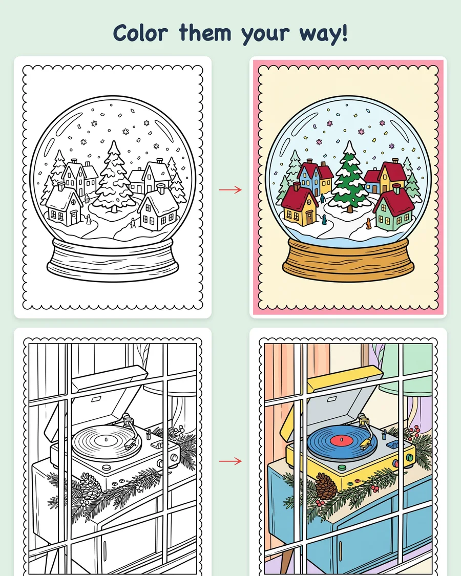 Color & Mail Christmas Postcards — colored examples