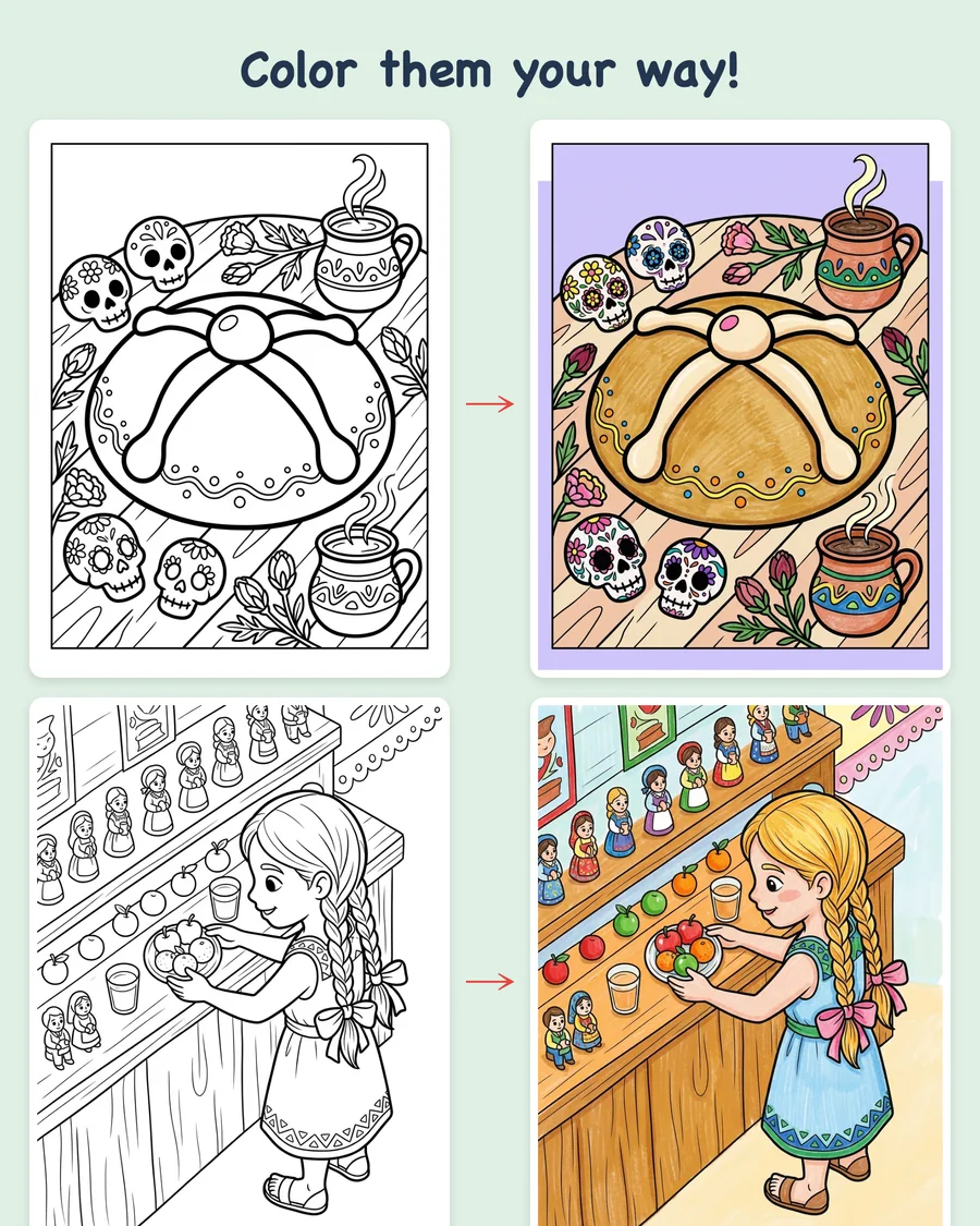 Día de Muertos Family Celebration — colored examples
