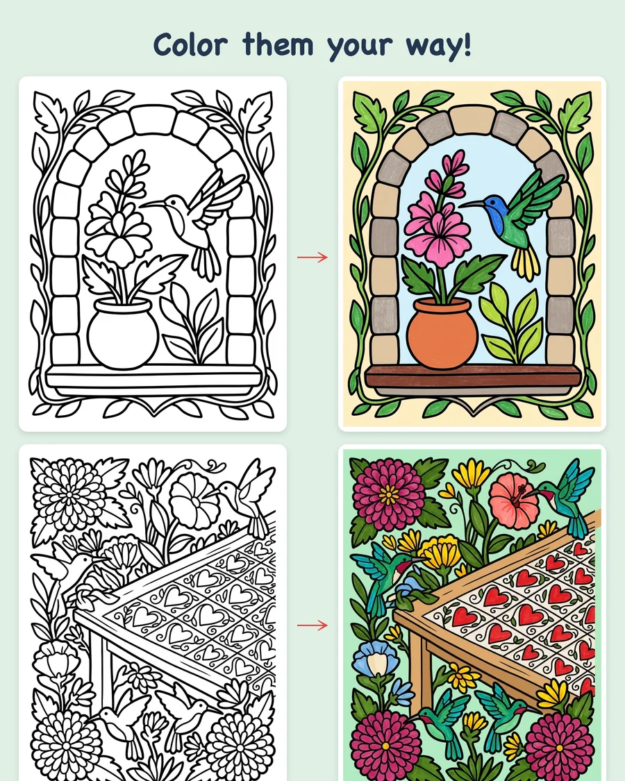 Hummingbirds & Folk Florals: Large Print — colored examples