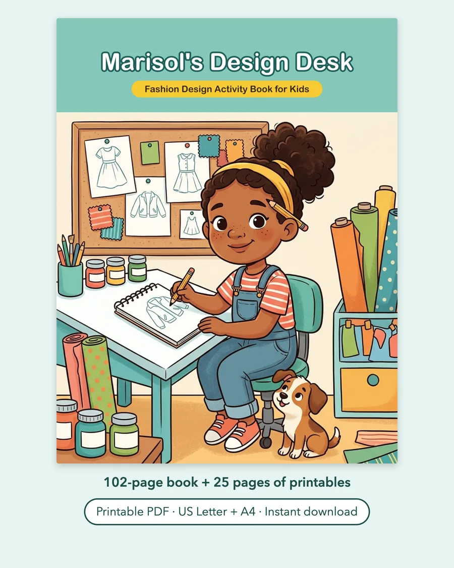 Marisol's Design Desk: Fashion Design Activity Book for Kids, Printable Coloring Pages, Stickers, Outfit Design, Instant Download PDF — etsy 01 cover