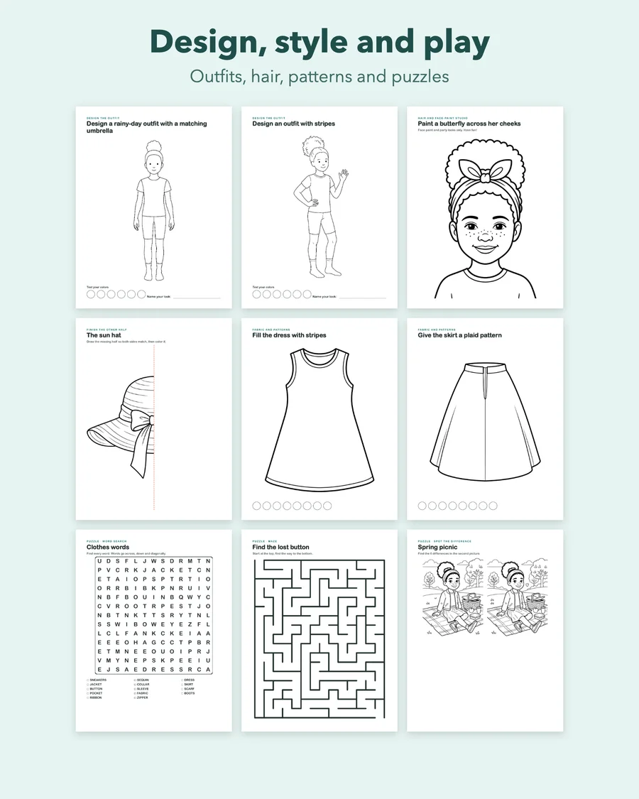 Marisol's Design Desk: Fashion Design Activity Book for Kids, Printable Coloring Pages, Stickers, Outfit Design, Instant Download PDF — etsy 03 grid 2