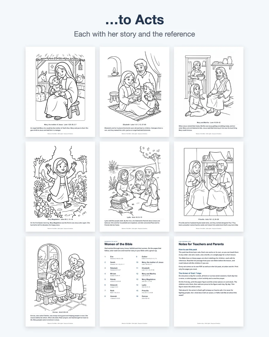 Women of the Bible Coloring Pages for Kids, 16 Bible Women, Ruth Esther Mary, Sunday School Printable, Bible Story Activity PDF — etsy 03 grid 2